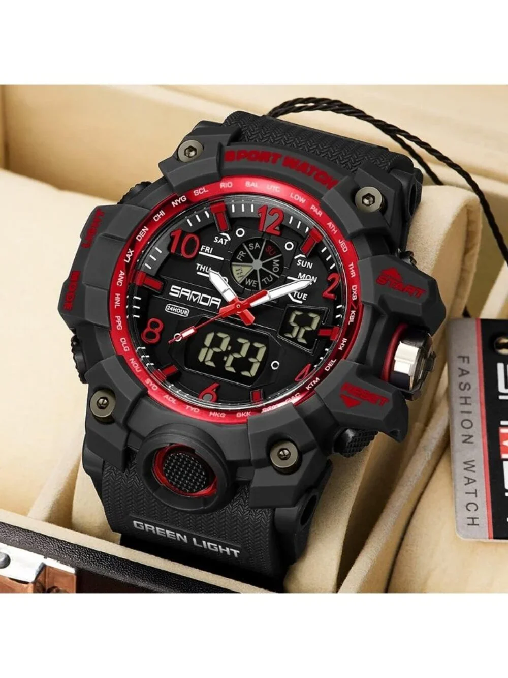 Mens Black Red Analog Quartz Waterproof Multi Function Tactics LED Digital Watch